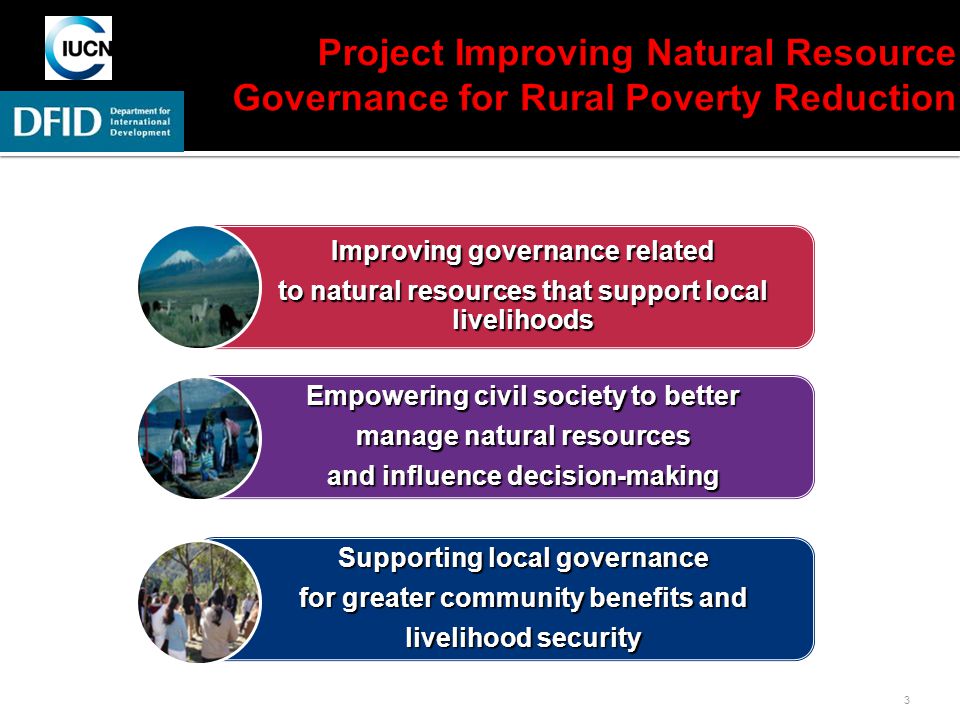 3 Improving governance related to natural resources that support local livelihoods Empowering civil society to better manage natural resources and influence decision-making Supporting local governance for greater community benefits and livelihood security