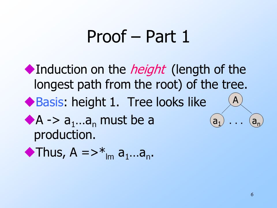 6 Proof – Part 1 uInduction on the height (length of the longest path from the root) of the tree.