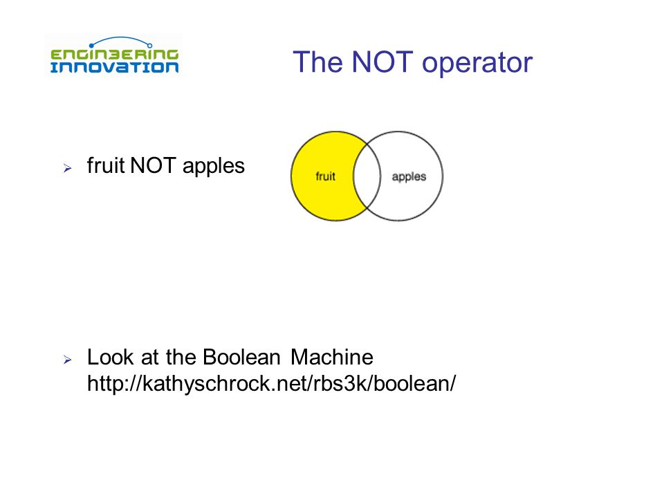 The NOT operator  fruit NOT apples  Look at the Boolean Machine
