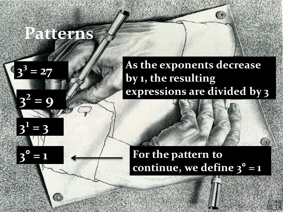 Patterns 3³ = 27 As the exponents decrease by 1, the resulting expressions are divided by 3 3² = 9 3¹ = 3 3° = 1 For the pattern to continue, we define 3° = 1