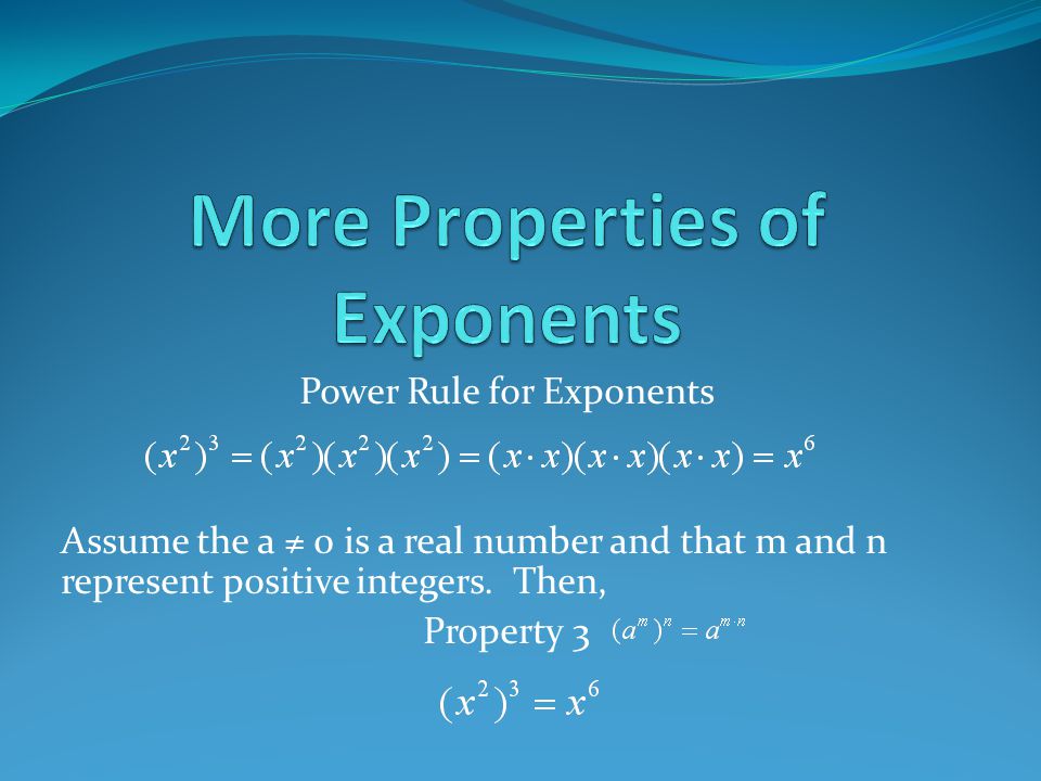Power Rule for Exponents Assume the a ≠ 0 is a real number and that m and n represent positive integers.