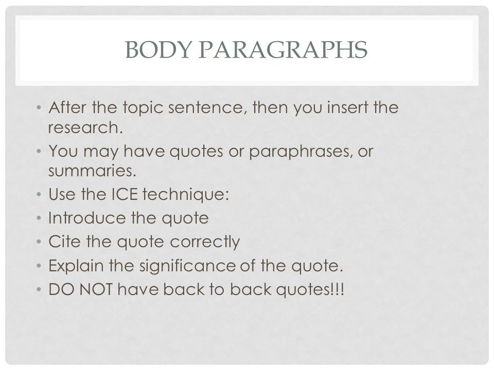 BODY PARAGRAPHS After the topic sentence, then you insert the research.