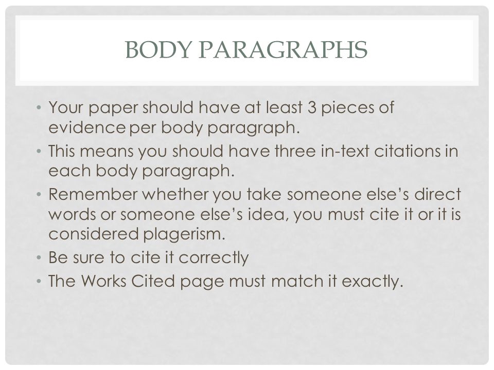 BODY PARAGRAPHS Your paper should have at least 3 pieces of evidence per body paragraph.