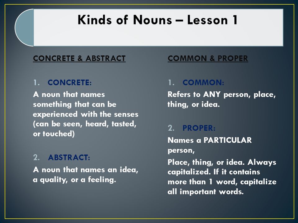 Kinds of Nouns – Lesson 1 CONCRETE & ABSTRACT 1.