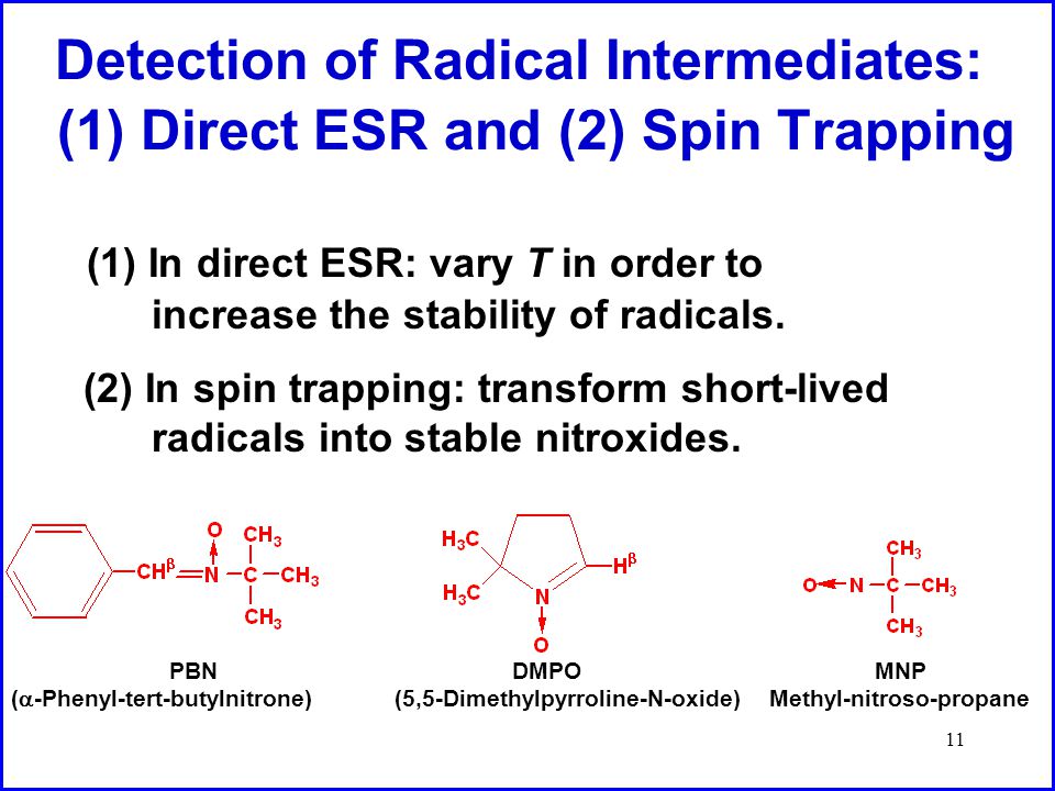 11 PBN DMPO MNP (  -Phenyl-tert-butylnitrone) (5,5-Dimethylpyrroline-N-oxide) Methyl-nitroso-propane Detection of Radical Intermediates: (1) Direct ESR and (2) Spin Trapping (1) In direct ESR: vary T in order to increase the stability of radicals.