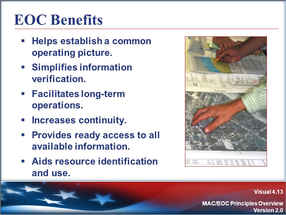 Visual 4.13 MAC/EOC Principles Overview Version 2.0 EOC Benefits  Helps establish a common operating picture.
