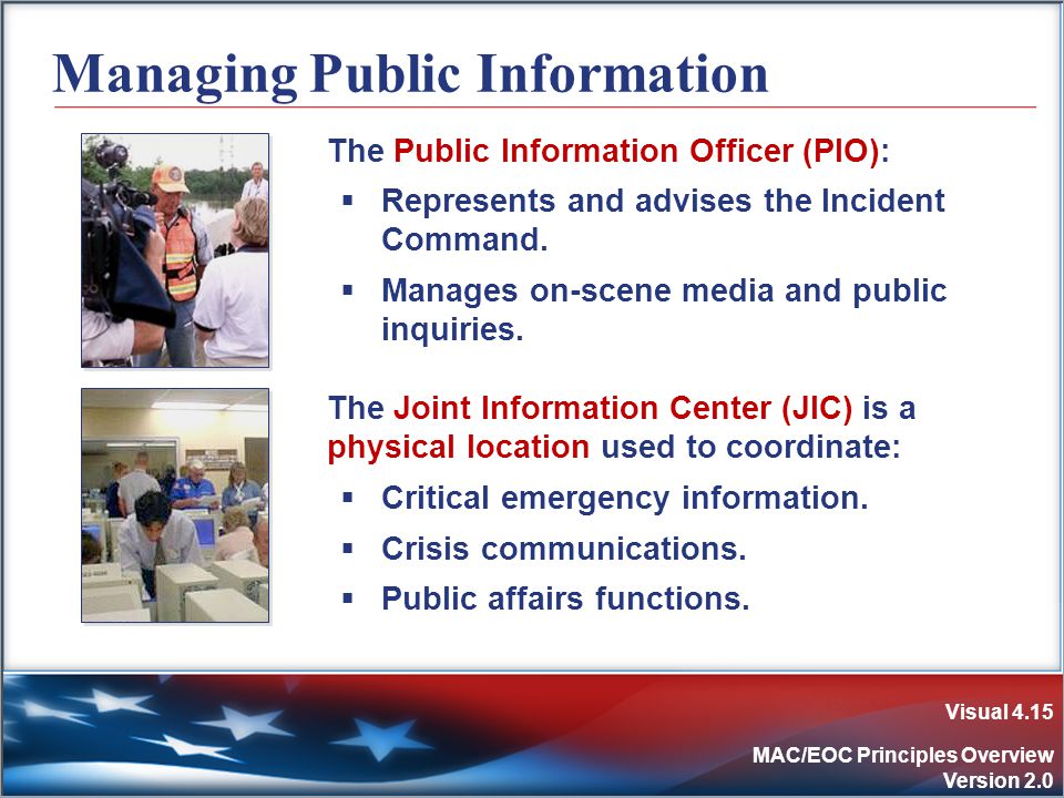 Visual 4.15 MAC/EOC Principles Overview Version 2.0 Managing Public Information The Public Information Officer (PIO):  Represents and advises the Incident Command.