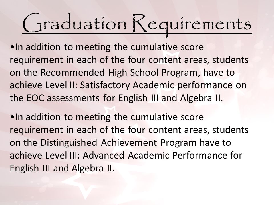Graduation Requirements In addition to meeting the cumulative score requirement in each of the four content areas, students on the Recommended High School Program, have to achieve Level II: Satisfactory Academic performance on the EOC assessments for English III and Algebra II.