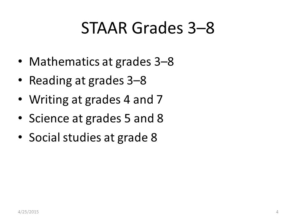 STAAR Grades 3–8 Mathematics at grades 3–8 Reading at grades 3–8 Writing at grades 4 and 7 Science at grades 5 and 8 Social studies at grade 8 4/25/20154