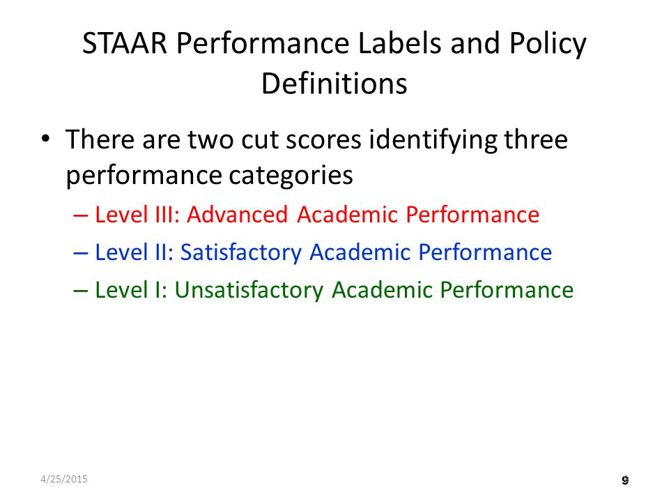9 STAAR Performance Labels and Policy Definitions There are two cut scores identifying three performance categories – Level III: Advanced Academic Performance – Level II: Satisfactory Academic Performance – Level I: Unsatisfactory Academic Performance 4/25/20159