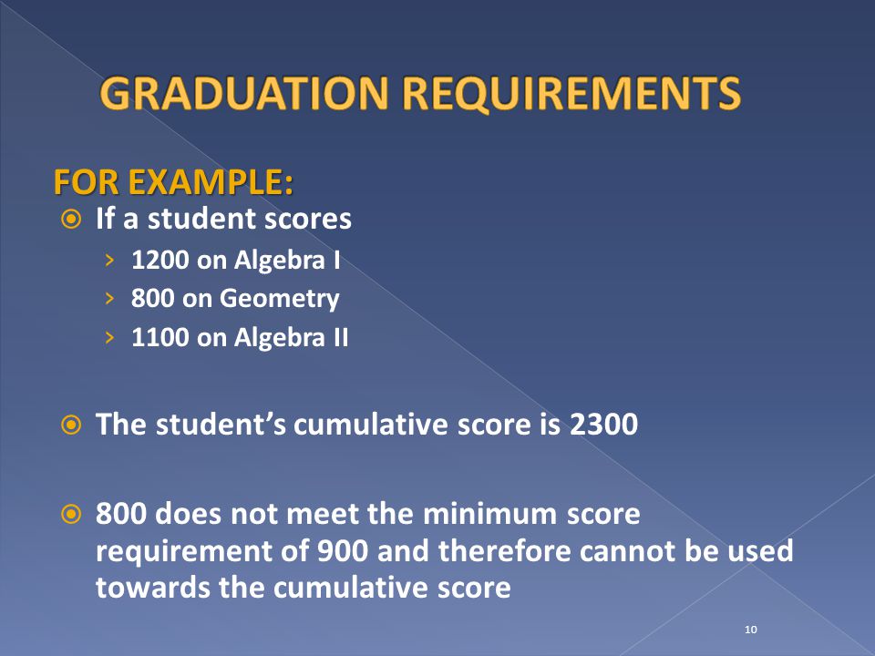  If a student scores › 1200 on Algebra I › 800 on Geometry › 1100 on Algebra II  The student’s cumulative score is 2300  800 does not meet the minimum score requirement of 900 and therefore cannot be used towards the cumulative score 10 FOR EXAMPLE: