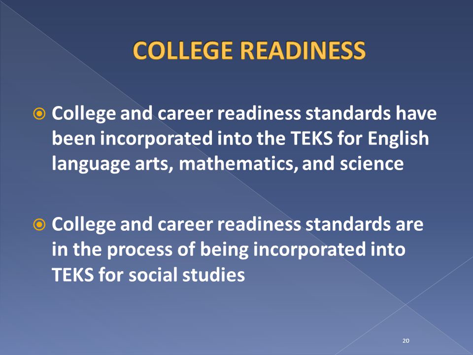  College and career readiness standards have been incorporated into the TEKS for English language arts, mathematics, and science  College and career readiness standards are in the process of being incorporated into TEKS for social studies 20
