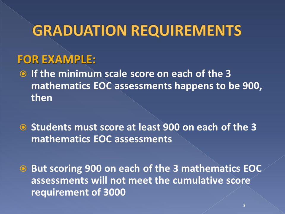 If the minimum scale score on each of the 3 mathematics EOC assessments happens to be 900, then  Students must score at least 900 on each of the 3 mathematics EOC assessments  But scoring 900 on each of the 3 mathematics EOC assessments will not meet the cumulative score requirement of FOR EXAMPLE: