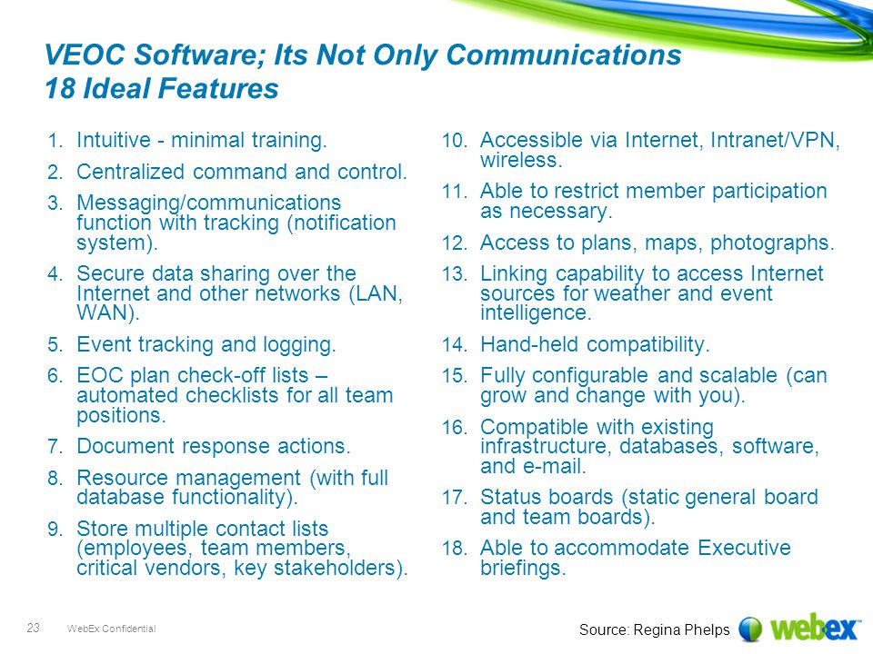 WebEx Confidential 23 VEOC Software; Its Not Only Communications 18 Ideal Features 1.