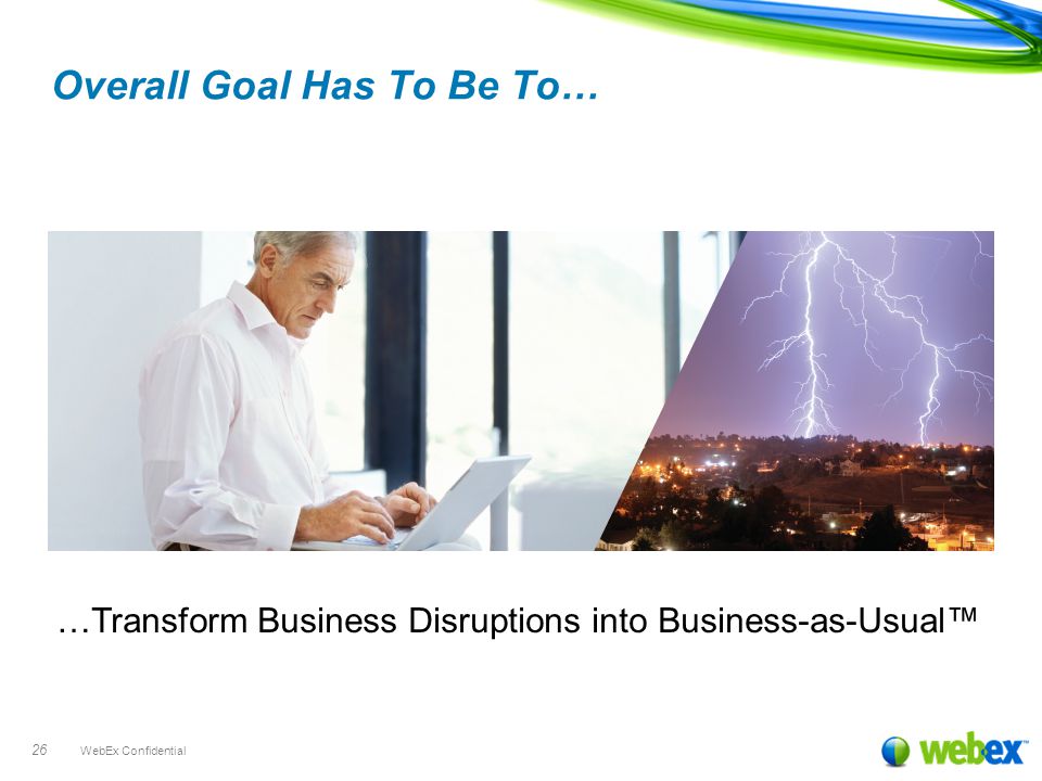WebEx Confidential 26 Overall Goal Has To Be To… …Transform Business Disruptions into Business-as-Usual™