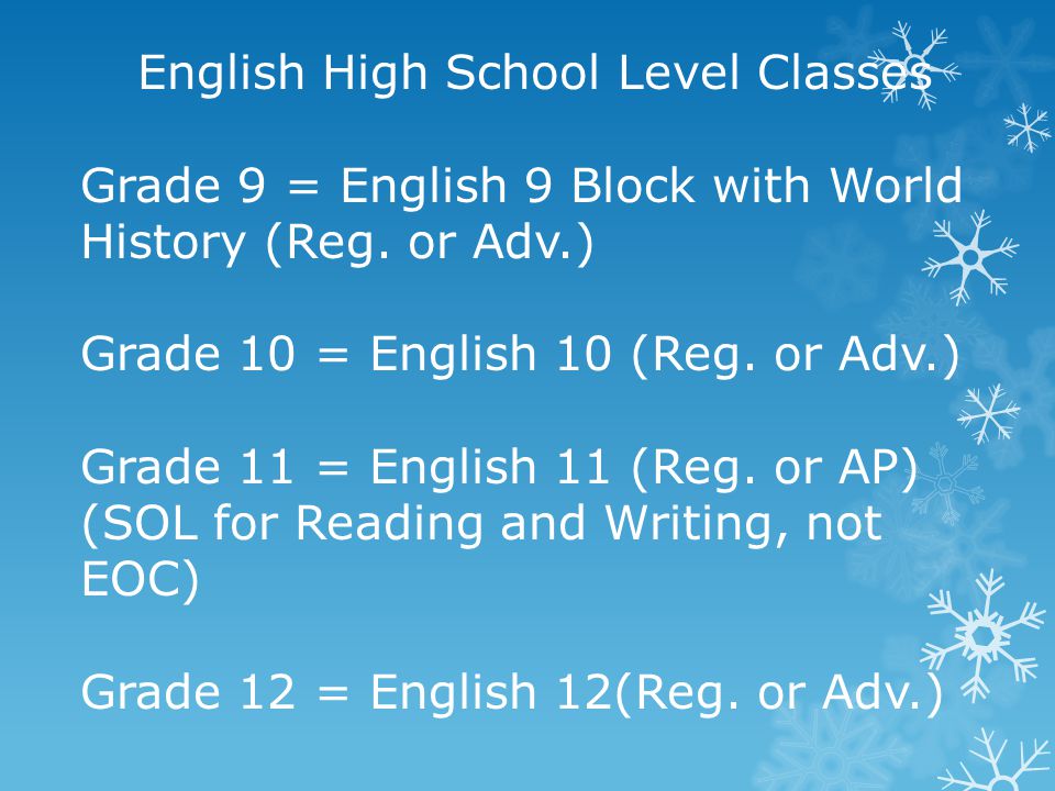 English High School Level Classes Grade 9 = English 9 Block with World History (Reg.