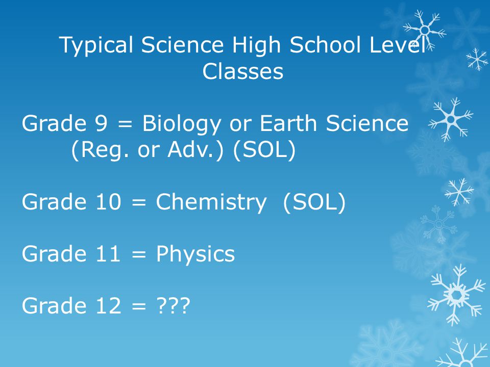 Typical Science High School Level Classes Grade 9 = Biology or Earth Science (Reg.