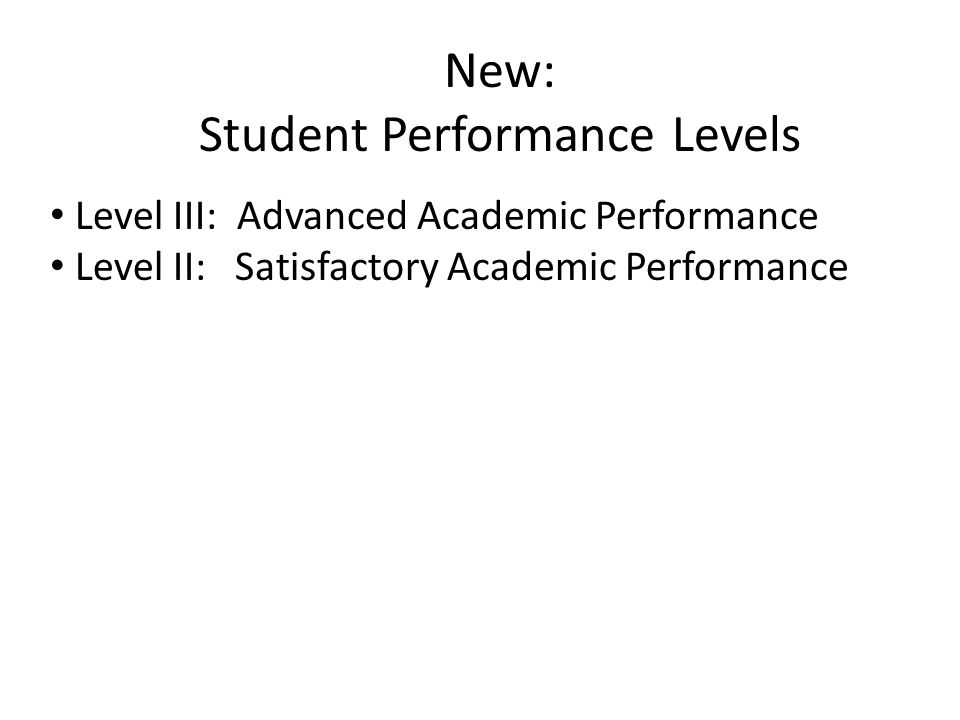 New: Student Performance Levels Level III: Advanced Academic Performance Level II: Satisfactory Academic Performance