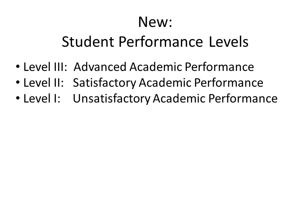 New: Student Performance Levels Level III: Advanced Academic Performance Level II: Satisfactory Academic Performance Level I: Unsatisfactory Academic Performance