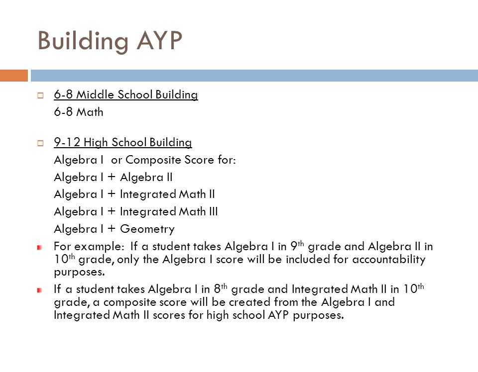 Building AYP  6-8 Middle School Building 6-8 Math  9-12 High School Building Algebra I or Composite Score for: Algebra I + Algebra II Algebra I + Integrated Math II Algebra I + Integrated Math III Algebra I + Geometry For example: If a student takes Algebra I in 9 th grade and Algebra II in 10 th grade, only the Algebra I score will be included for accountability purposes.
