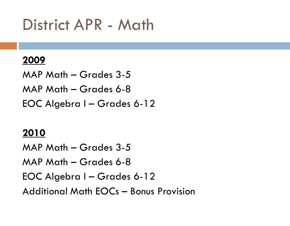 District APR - Math 2009 MAP Math – Grades 3-5 MAP Math – Grades 6-8 EOC Algebra I – Grades MAP Math – Grades 3-5 MAP Math – Grades 6-8 EOC Algebra I – Grades 6-12 Additional Math EOCs – Bonus Provision
