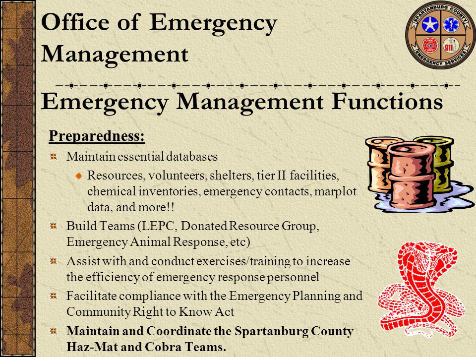 Preparedness: Maintain essential databases Resources, volunteers, shelters, tier II facilities, chemical inventories, emergency contacts, marplot data, and more!.