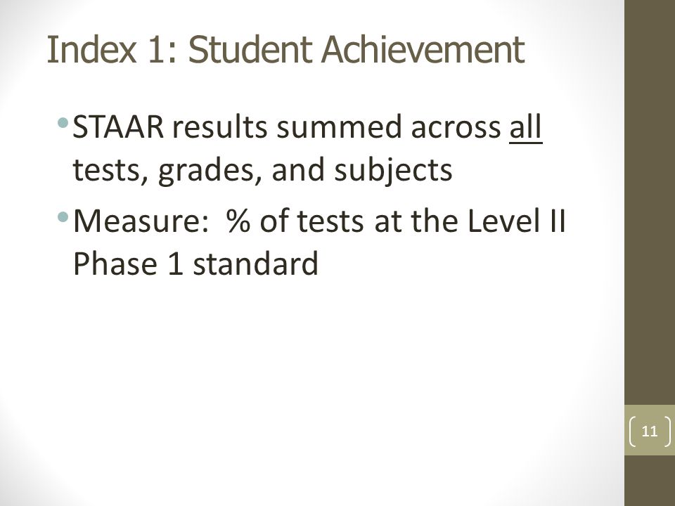 Index 1: Student Achievement STAAR results summed across all tests, grades, and subjects Measure: % of tests at the Level II Phase 1 standard 11