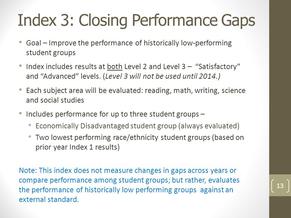 Index 3: Closing Performance Gaps Goal – Improve the performance of historically low-performing student groups Index includes results at both Level 2 and Level 3 – Satisfactory and Advanced levels.