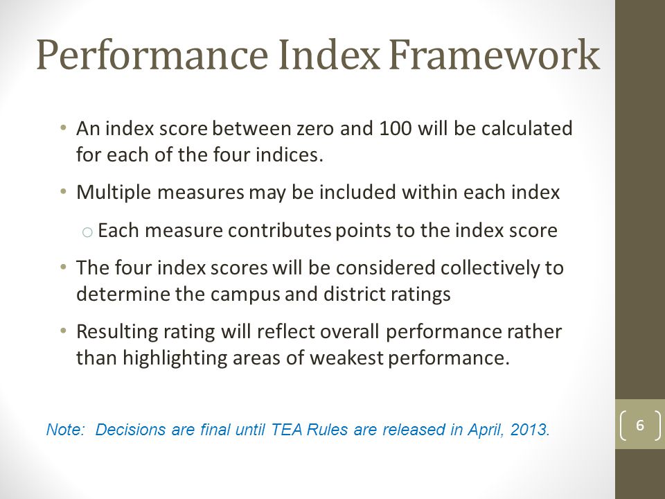 Performance Index Framework An index score between zero and 100 will be calculated for each of the four indices.