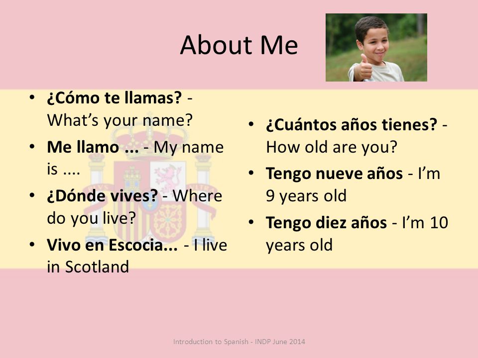 About Me ¿Cómo te llamas. - What’s your name. Me llamo...