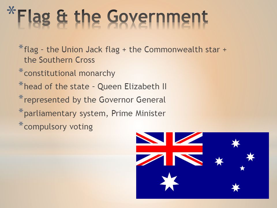 * flag – the Union Jack flag + the Commonwealth star + the Southern Cross * constitutional monarchy * head of the state – Queen Elizabeth II * represented by the Governor General * parliamentary system, Prime Minister * compulsory voting