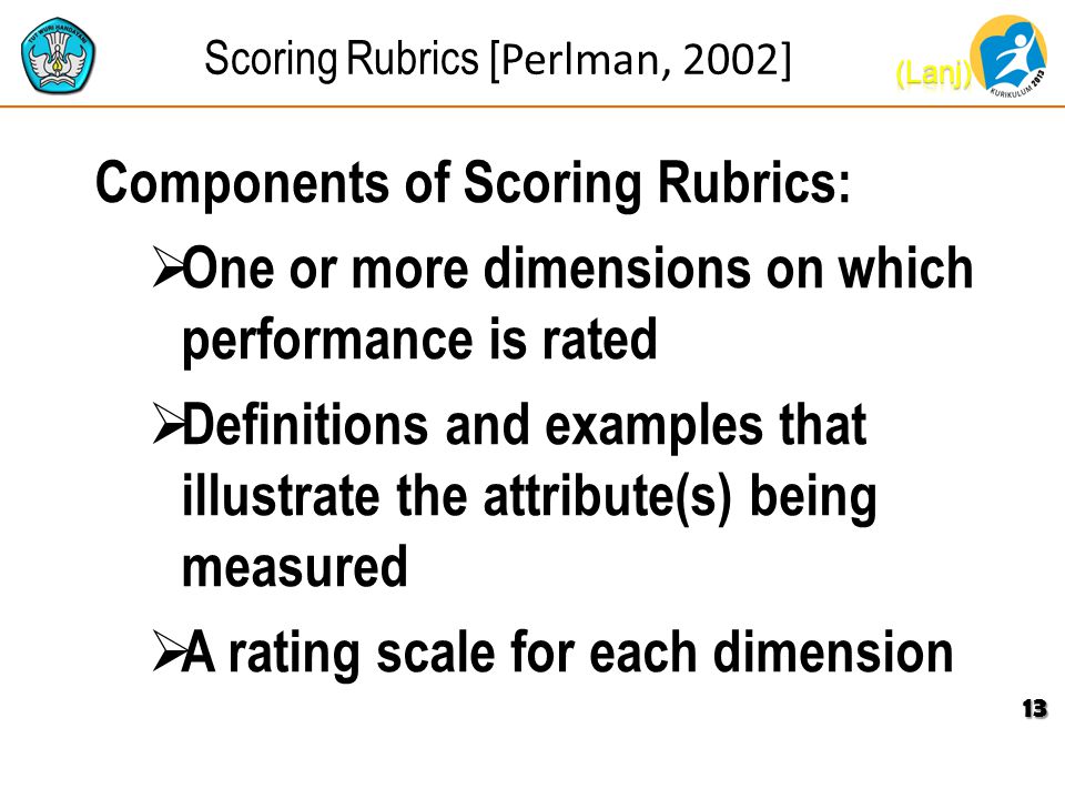 Scoring Rubrics [ Perlman, 2002] Components of Scoring Rubrics:  One or more dimensions on which performance is rated  Definitions and examples that illustrate the attribute(s) being measured  A rating scale for each dimension 13