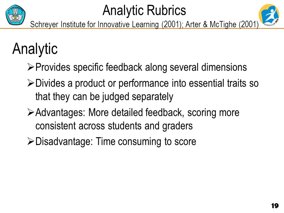 Analytic Rubrics Schreyer Institute for Innovative Learning (2001); Arter & McTighe (2001) Analytic  Provides specific feedback along several dimensions  Divides a product or performance into essential traits so that they can be judged separately  Advantages: More detailed feedback, scoring more consistent across students and graders  Disadvantage: Time consuming to score 19