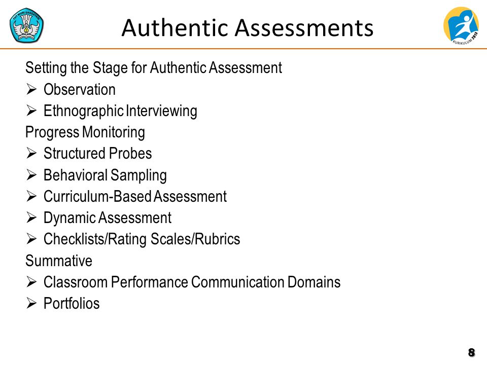 Authentic Assessments Setting the Stage for Authentic Assessment  Observation  Ethnographic Interviewing Progress Monitoring  Structured Probes  Behavioral Sampling  Curriculum-Based Assessment  Dynamic Assessment  Checklists/Rating Scales/Rubrics Summative  Classroom Performance Communication Domains  Portfolios 8