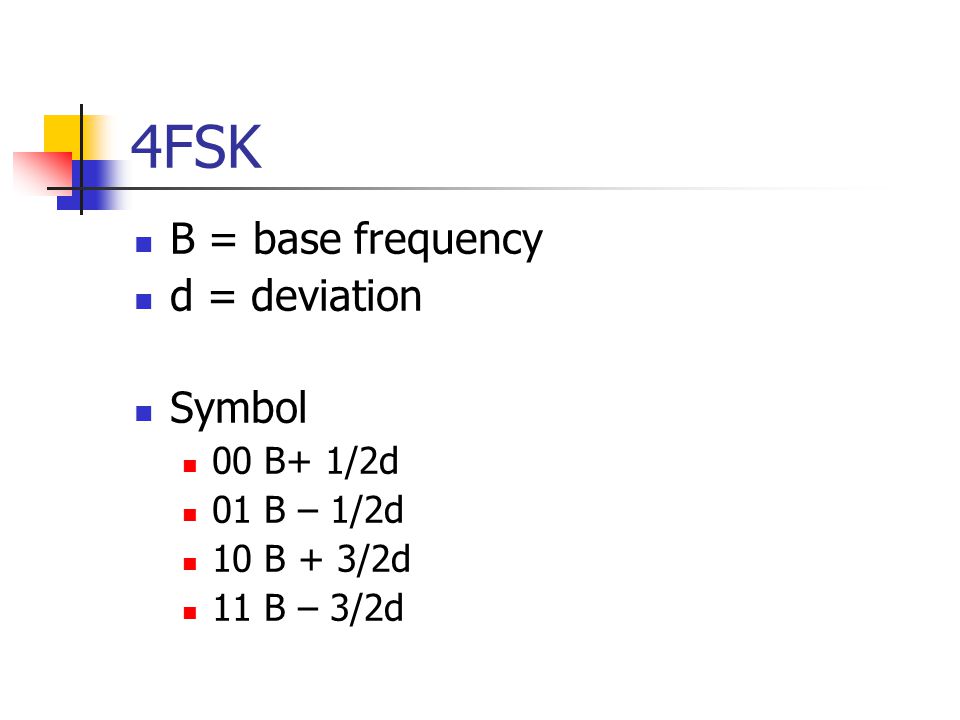4FSK B = base frequency d = deviation Symbol 00 B+ 1/2d 01 B – 1/2d 10 B + 3/2d 11 B – 3/2d