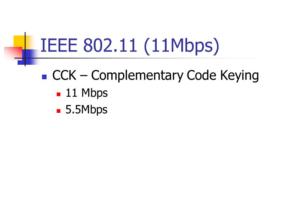 IEEE (11Mbps) CCK – Complementary Code Keying 11 Mbps 5.5Mbps