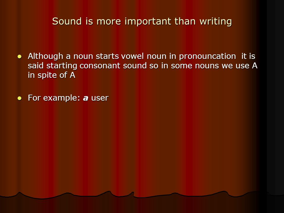 Sound is more important than writing Although a noun starts vowel noun in pronouncation it is said starting consonant sound so in some nouns we use A in spite of A Although a noun starts vowel noun in pronouncation it is said starting consonant sound so in some nouns we use A in spite of A For example: a user For example: a user