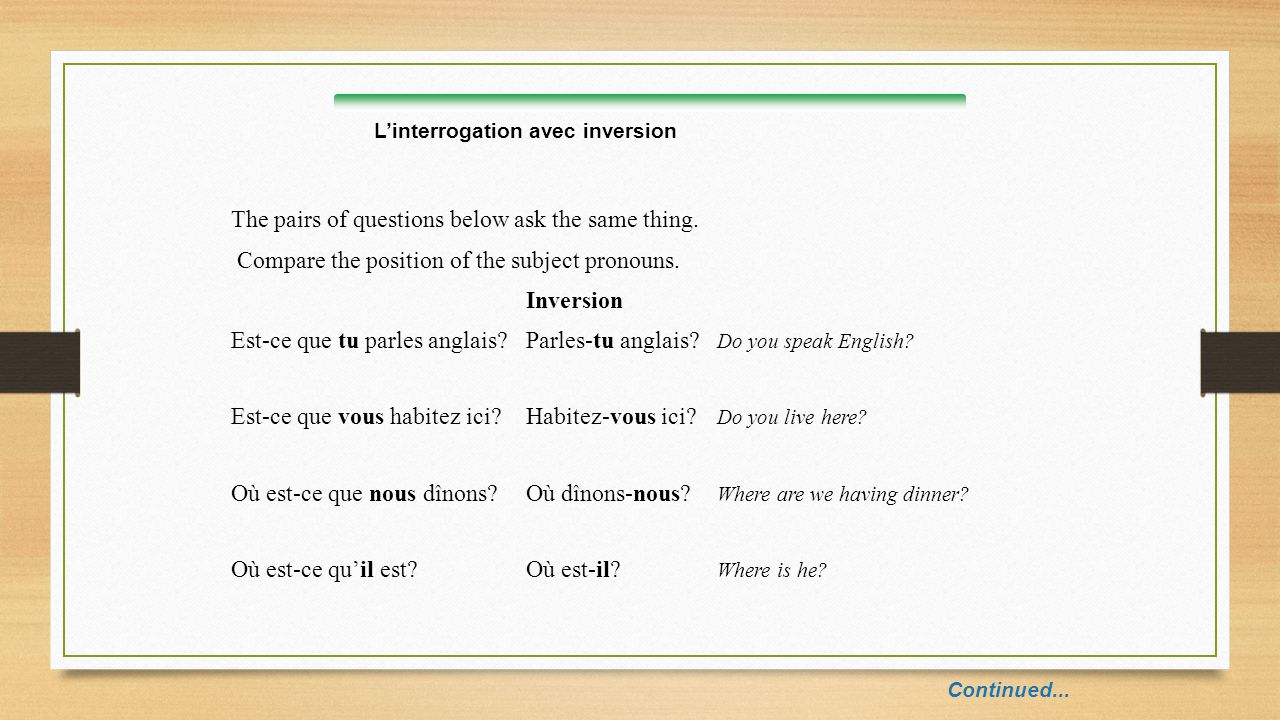 Forming Questions With Inversion L Interrogation Avec Inversion In Conversational French Questions Are Usually Formed With Est Ce Que Or By Adding Ppt Download Forming Questions With Inversion L Interrogation Avec Inversion In Conversational French Questions Are Usually Formed With Est Ce Que Or By Adding Ppt Download