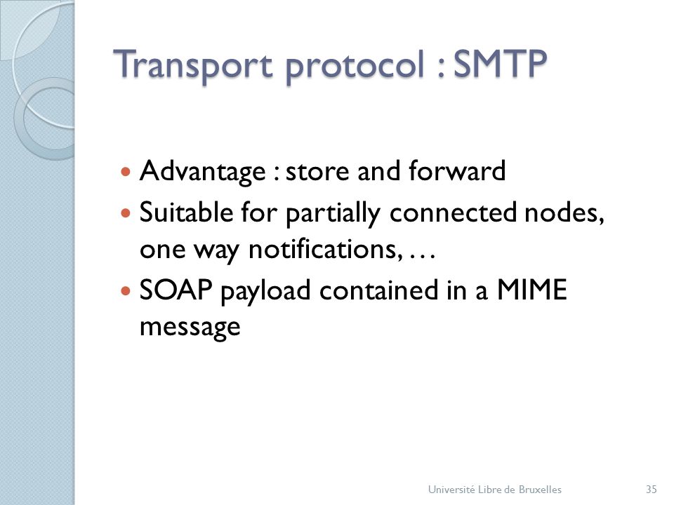 Transport protocol : SMTP Advantage : store and forward Suitable for partially connected nodes, one way notifications, … SOAP payload contained in a MIME message Université Libre de Bruxelles35