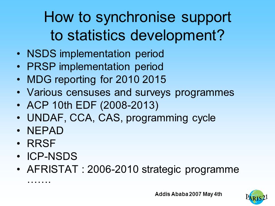 Addis Ababa 2007 May 4th How to synchronise support to statistics development.
