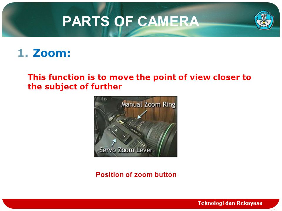 PARTS OF CAMERA 1.Zoom: This function is to move the point of view closer to the subject of further Teknologi dan Rekayasa Position of zoom button