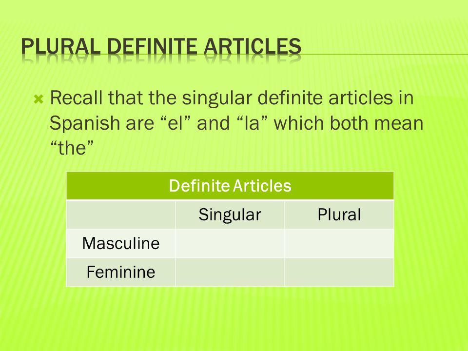  Recall that the singular definite articles in Spanish are el and la which both mean the Definite Articles SingularPlural Masculine Feminine