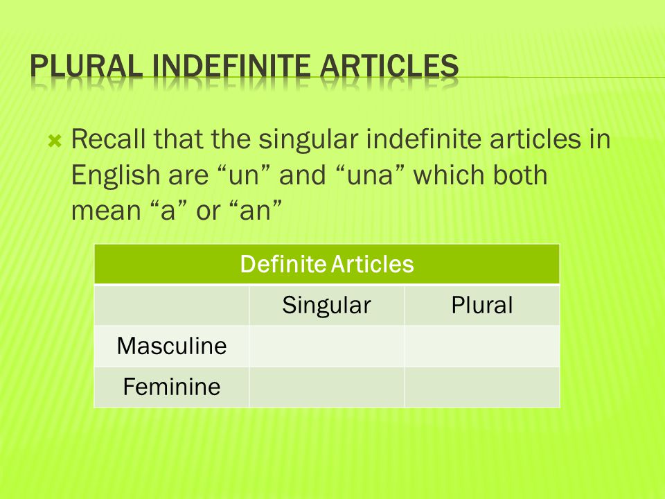  Recall that the singular indefinite articles in English are un and una which both mean a or an Definite Articles SingularPlural Masculine Feminine