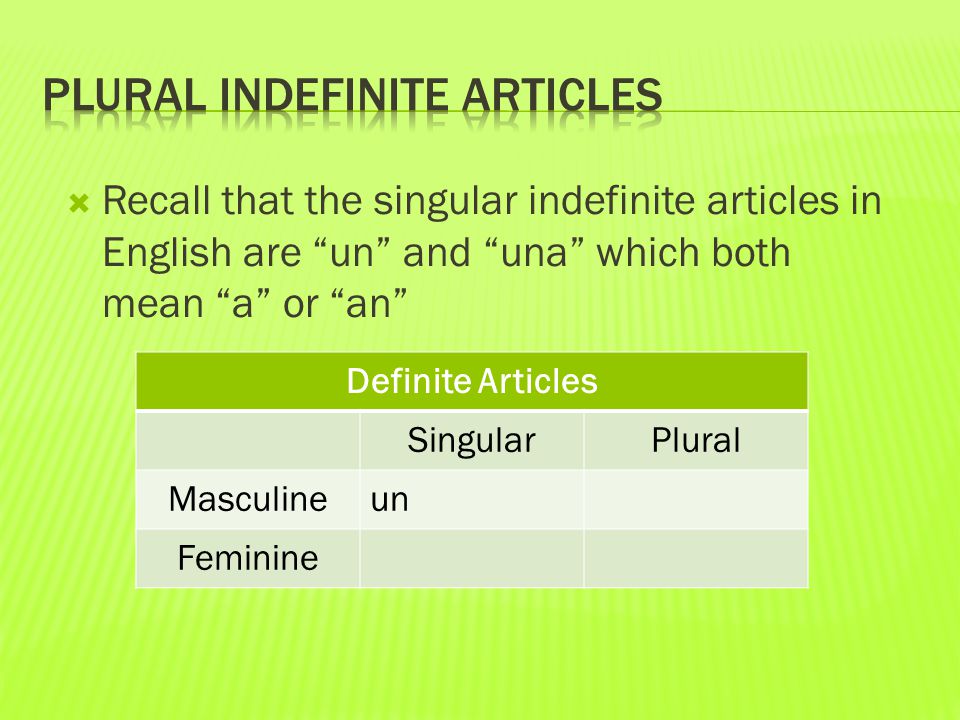  Recall that the singular indefinite articles in English are un and una which both mean a or an Definite Articles SingularPlural Masculineun Feminine