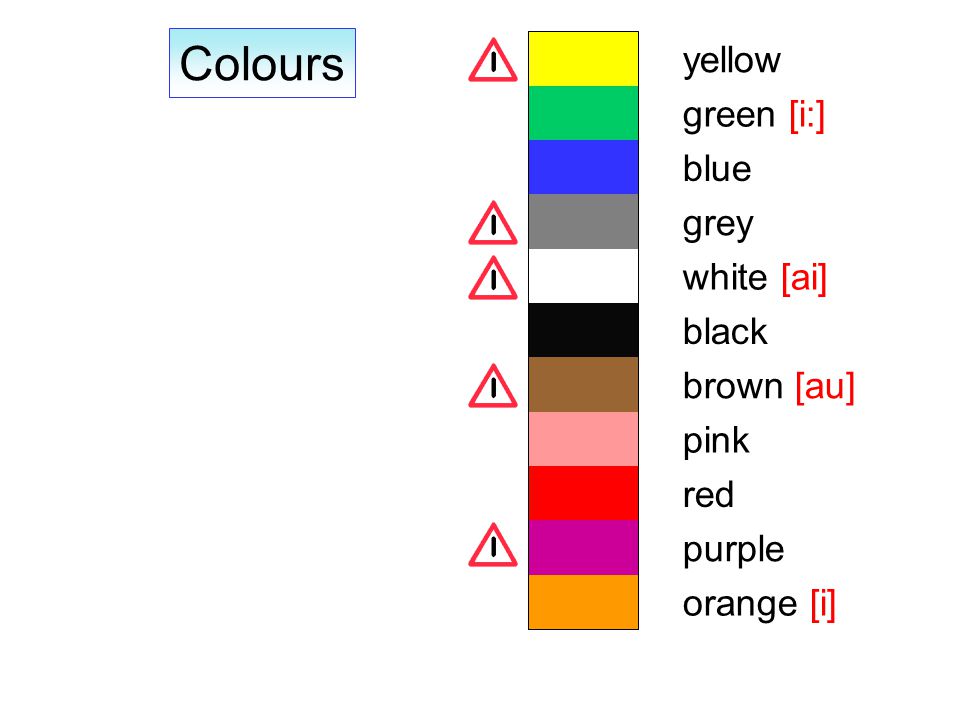 Colours orange [i] purple red pink brown [au] black white [ai] grey blue green [i:] yellow
