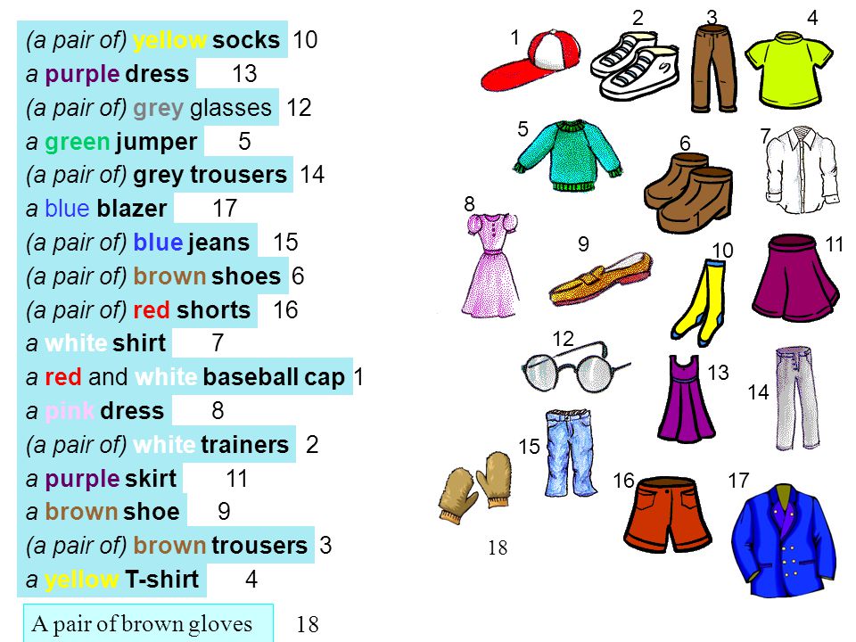 (a pair of) yellow socks a purple dress a green jumper (a pair of) grey trousers a blue blazer (a pair of) blue jeans (a pair of) brown shoes (a pair of) red shorts a white shirt a red and white baseball cap a pink dress (a pair of) white trainers a purple skirt a brown shoe (a pair of) brown trousers a yellow T-shirt (a pair of) grey glasses A pair of brown gloves 18