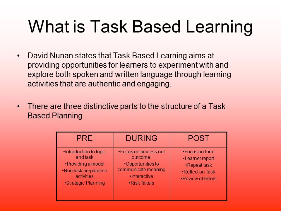 What is Task Based Learning David Nunan states that Task Based Learning aim...