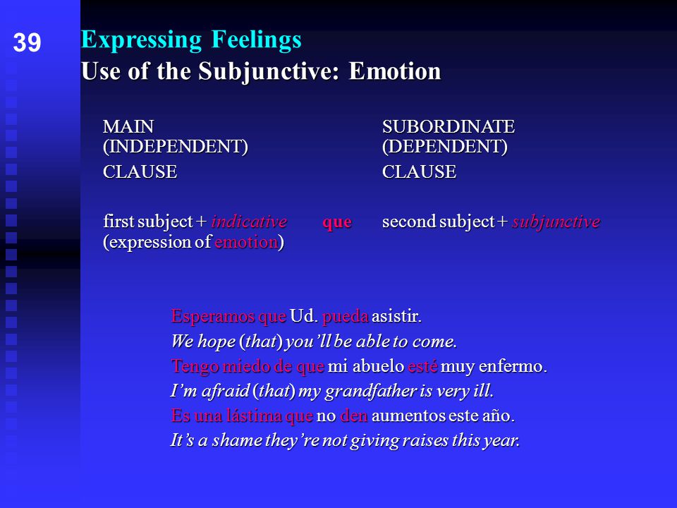 Use of the Subjunctive: Emotion Expressing Feelings Use of the Subjunctive: Emotion MAINSUBORDINATE (INDEPENDENT) (DEPENDENT) CLAUSE first subject + indicative quesecond subject + subjunctive (expression of emotion) Esperamos que Ud.
