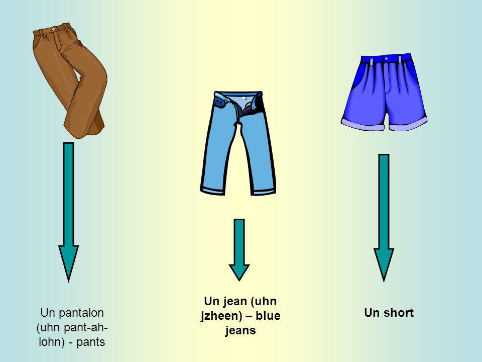 Un pantalon (uhn pant-ah- lohn) - pants Un jean (uhn jzheen) – blue jeans Un short