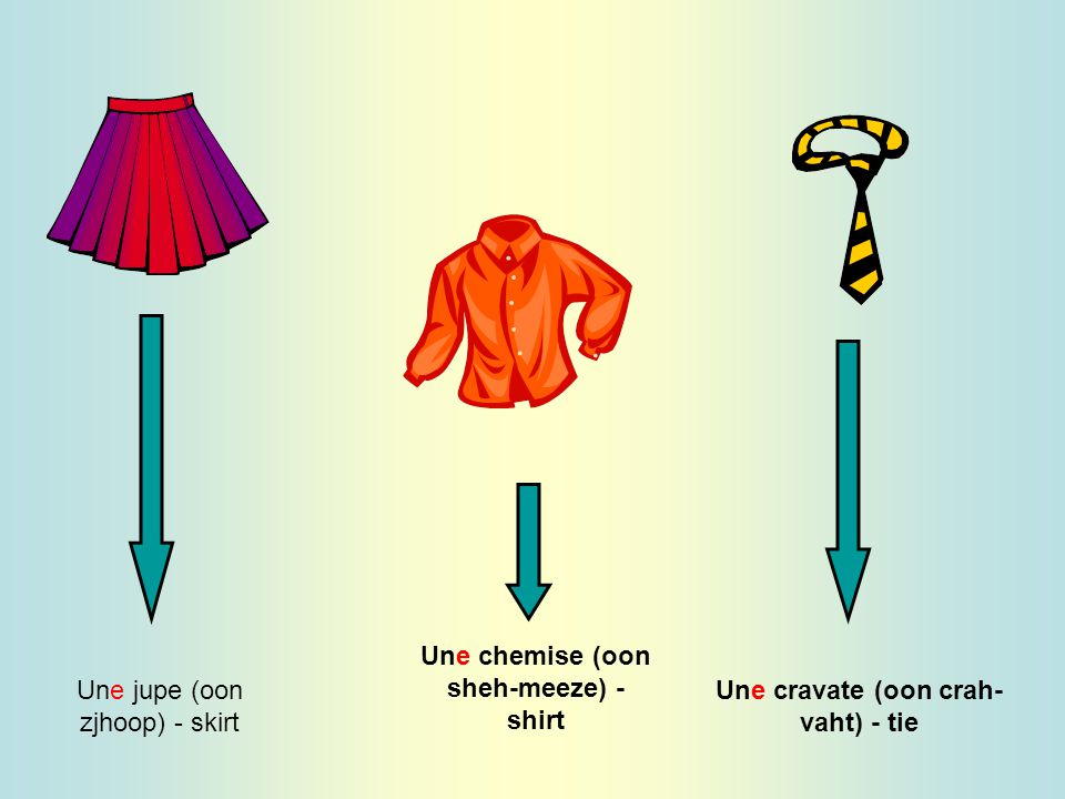 Une jupe (oon zjhoop) - skirt Une chemise (oon sheh-meeze) - shirt Une cravate (oon crah- vaht) - tie